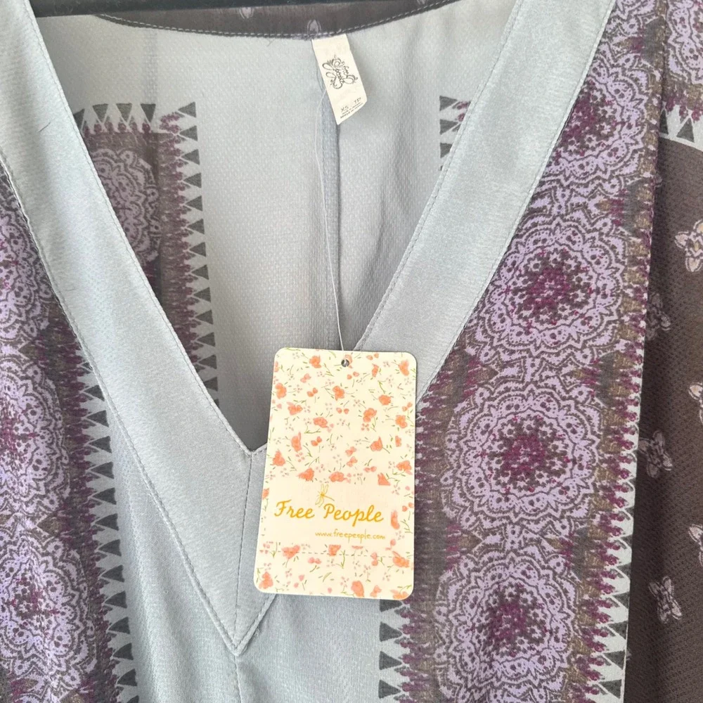 Free People XS Blue Brown Paisley Boho Kimono Sleeve Tunic Mini Dress NWT